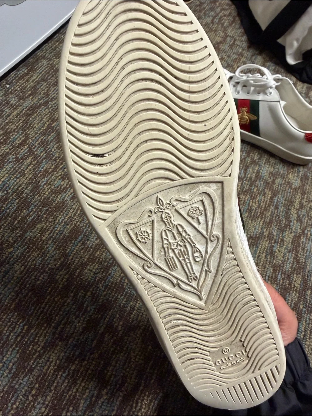 Gucci White Leather Sneakers with Red & Green Web and Gold Bee